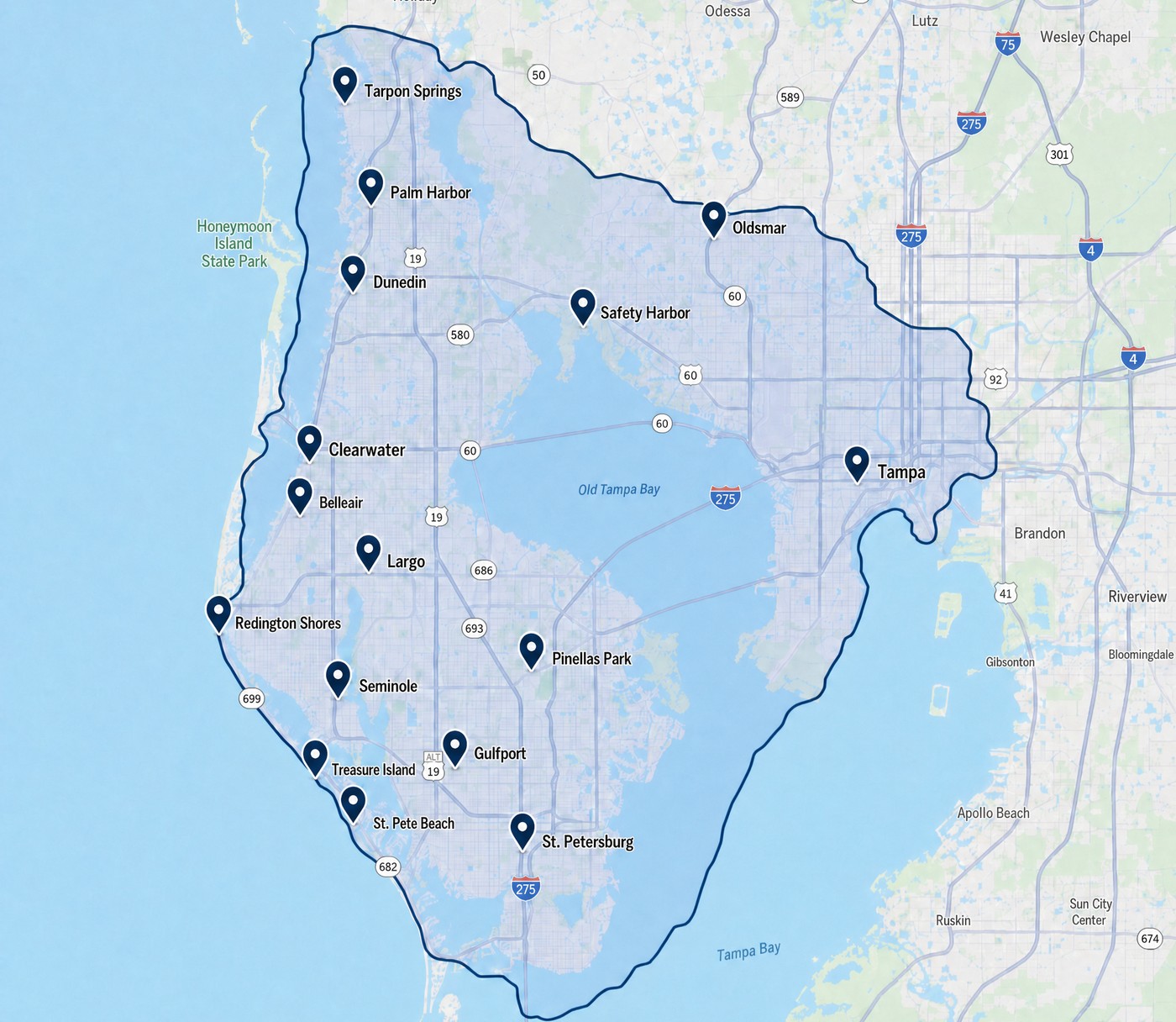 Map of the Suncoast Dumpster Rentals service area covering Pinellas County and Tampa, Florida